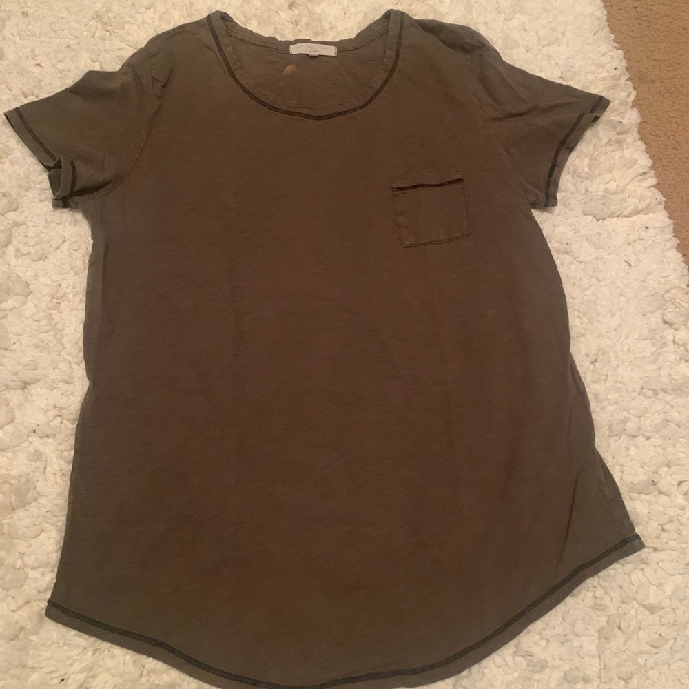 Truly Madly Deeply Dark Olive Green short sleeve tee black stitching pocket L - Picture 2 of 6